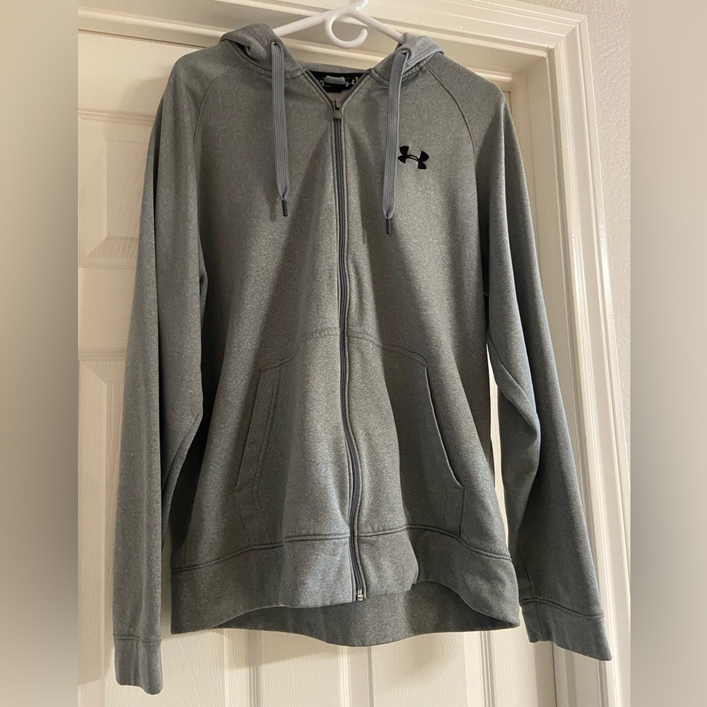 Under Armour Men’s Gray zip up jacket with hood. Size Large.